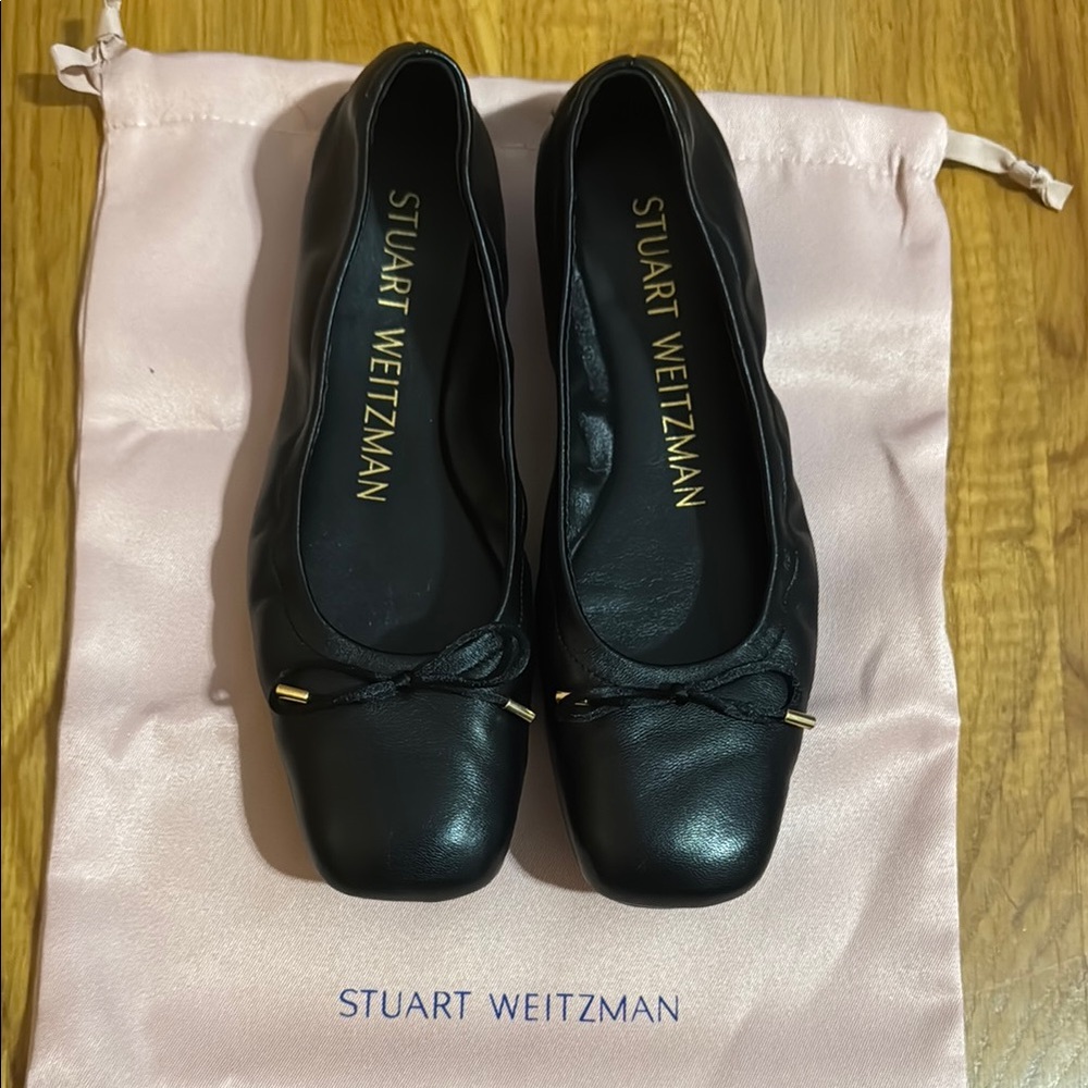 Stuart Weitzman Black Leather Bow Ballet Flats